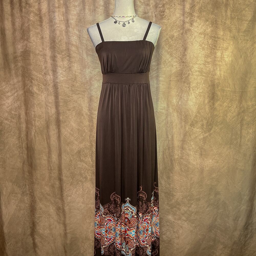 Y2K Boho Maxi Dress Paisley Brown Multicolor Sleeveless Empire Waist Summer - Picture 8 of 10